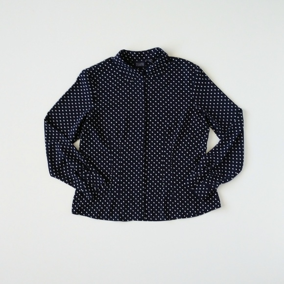 Hillard & Hanson Navy Polkadot Button Down Blouse - Picture 2 of 5